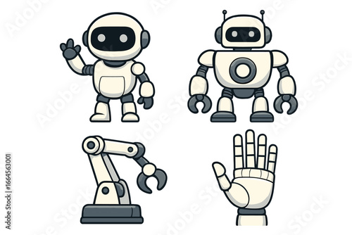 Robot character illustrations set. Futuristic humanoid robots, mechanical arms, robotic hands in cartoon vector style. Artificial intelligence, automation, technology, engineering, robotics concept.