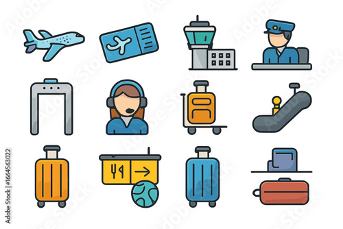 Airplane Travel and Airport Facilities Icon Set. Flat Modern Vector Cartoon Illustration of Air Travel Concepts, Security Check, Luggage, Tickets, Customs, Control Tower, Signage, and Airport Staff