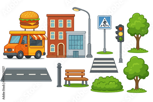 Urban Street Elements Vector Set. Food Truck, City Buildings, Pedestrian Crosswalk, Streetlight, Traffic Signal, Road, Green Space, Park Bench, Trees, Bushes, Urban Cityscape Cartoon Illustration