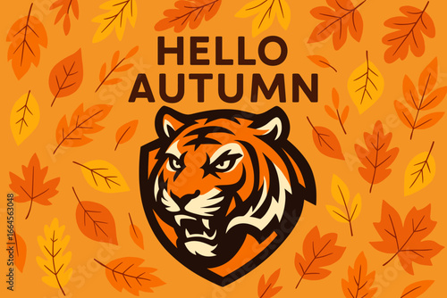 Autumn Tiger Mascot Vector Illustration with Wild Cat Head Emblem, Seasonal Leaf Background, Hello Autumn Text, Sport Logo Design, Fierce Animal Symbol, Decorative Fall Graphic