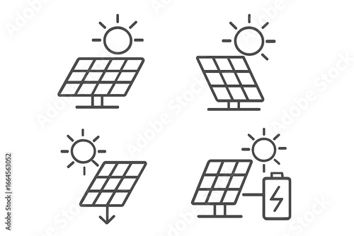 Solar panel icon set for clean energy, renewable energy symbols, vector illustration. Solar power generation, photovoltaic panels, battery storage, alternative energy concept. Transparent background.