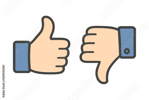 Thumbs up and thumbs down icon set. Like and dislike symbols. Social media approval and rejection vector cartoon illustration. Feedback emoji icons. Hand gestures. Transparent background clipart