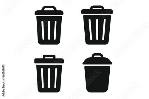 Trash bin icon set. Black silhouette vector trash can icons, garbage bin symbols. Waste disposal, recycle, delete, remove, rubbish container. Simple isolated element set, transparent background