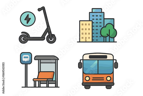 Urban transportation vector set, electric scooter, city buildings, bus, bus stop, modern transit cartoon illustration, eco mobility, urban commute concept, transparent background, cityscape elements