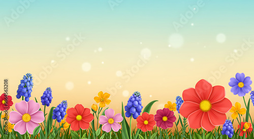 Vibrant Spring Flower Border, Pastel Sky Background