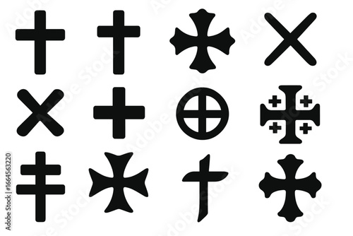 Set of black Christian crosses. Religious & heraldic symbols collection. Latin, Greek, Celtic, Jerusalem, Maltese cross icons. Faith, spirituality & church sign vector silhouette.