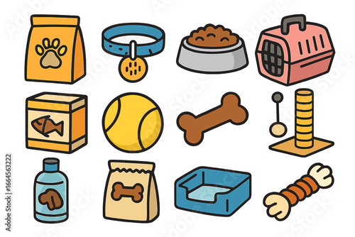 Pet shop icon set. Dog and cat accessories. Vector cartoon illustration. Animal care supplies. Food, toys, collar, bone, carrier. Vet clinic elements. Pet store graphic design.