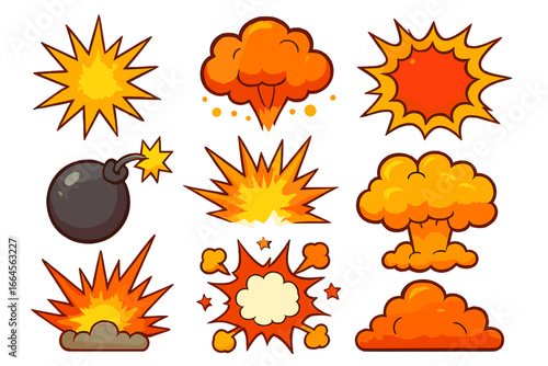 Cartoon explosion and bomb icons set. Colorful blast, explosion, detonation, smoke cloud, bomb illustrations. Comic effects, burst shapes, flash design, vector clipart for graphic resources