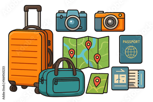 Travel Essentials Vector Illustration – Suitcase, Carry On Bag, Cameras, Passport, Flight Tickets, Folded Maps with Location Pins, Flat Lay, Cartoon Clipart, Tourism Accessories, Journey Preparation
