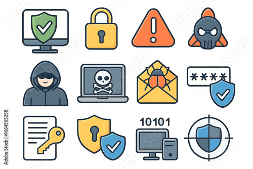 Cybersecurity vector icons set illustrating computer protection, online data safety, hacking threats, secure passwords, malware, encryption, privacy shields, secure access, digital risk concepts