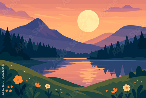 Majestic sunset mountain lake landscape vector illustration. Serene moonrise over tranquil water. Silhouetted pine forest, rolling hills, spring or summer wildflowers, peaceful nature scene.