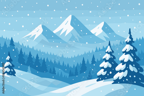 Winter mountain landscape with snowy pine trees and distant peaks, falling snow, blue gradient forest, serene outdoor Christmas scene, scenic nature, vector illustration, alpine winter forest