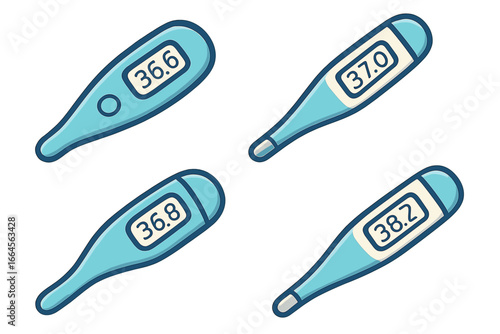 Digital thermometer vector set, cartoon electronic medical device icons, temperature measurement illustration, four displayed Celsius readings, isolated, healthcare equipment symbol collection