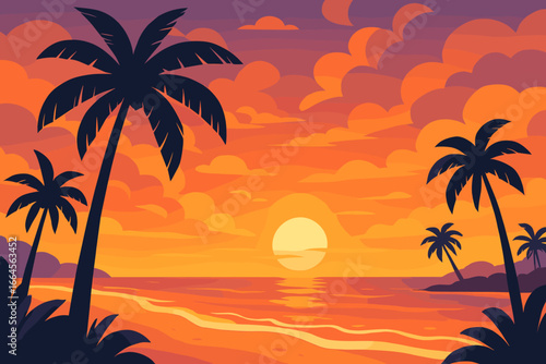 Vibrant tropical beach sunset vector illustration, dramatic orange sky, scenic sandy shore, palm tree silhouettes, tranquil ocean waves, serene paradise landscape, summer travel concept
