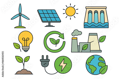 Renewable energy icons set. Wind turbine, solar panel, sun, hydropower, green electricity, eco-friendly power plant, sustainability symbols, clean energy, environmental protection, vector illustration