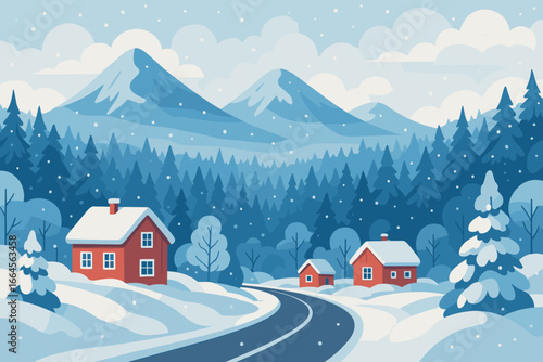 Winter forest landscape with snow-covered mountains, winding road, red houses, falling snow, pine trees, winter season, tranquil snowy weather, scenic nature illustration, cozy holiday scene