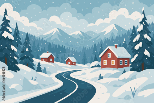 Idyllic snowy winter mountain landscape with red houses, winding road, snow-covered pine forests, majestic clouds, peaceful countryside, snowfall, scenic alpine village, serene seasonal retreat