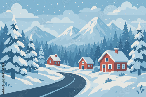 Winter snowy mountain landscape with red houses, forest pine trees, winding road, snowdrifts, falling snow, scenic clouds, holiday village, Nordic winter, peaceful nature scene illustration