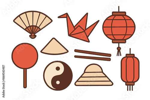 Asian cultural symbols vector set, minimalist style. Fan, lantern, origami crane, chopsticks, pagoda, yin yang, drum, paper hat. Traditional Chinese, Japanese heritage icons for decoration and design