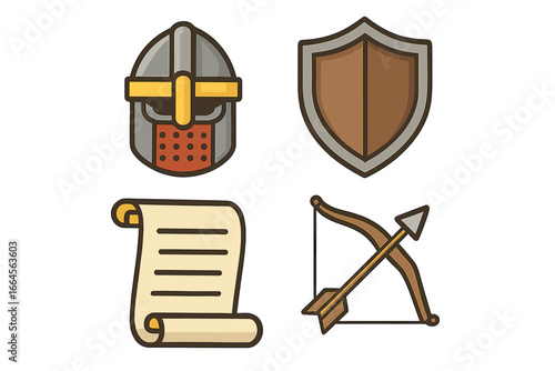 Medieval warfare icons vector collection. Cartoon knight helmet, battle shield, ancient scroll, archer bow. Flat style illustration for history, fantasy, RPG, game, education, and medieval concept.