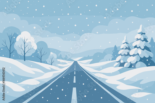 Winter road rural landscape, snow-covered highway through snowy countryside, snowfall and snowdrifts, scenic winter season vector illustration, flat cartoon outdoor holiday scene