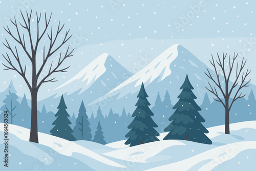 Winter Mountain Landscape Illustration. Snowy Pine Trees, Bare Deciduous Trees, Snowdrifts, Falling Snow, Snow-Covered Peaks, Tranquil Winter Forest Scene, Background Design, Nature Season Concept
