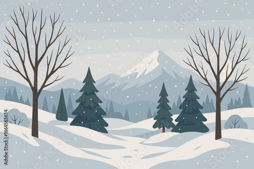 Winter snow landscape with bare trees, snowdrifts, pine and spruce forest, mountain range backdrop, falling snow, tranquil nature scene, scenic outdoors, peaceful seasonal illustration