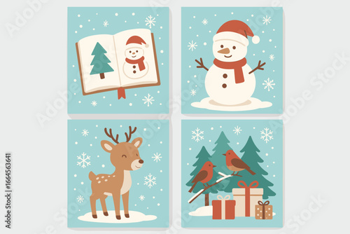 Vector winter illustration set of Christmas cards in a minimalist style. Cute holiday album with snowman, deer, birds, gifts, and snowflakes. Xmas greeting card collection.