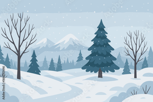Winter landscape vector illustration. Snowy forest with snowdrifts, bare trees, spruce and pine, mountain range in background, falling snow, seasonal nature scene, peaceful wilderness, digital artwork