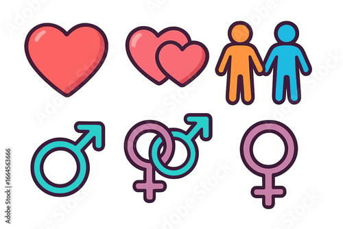 Modern Gender Identity, Love, and Partnership Symbols. Colorful Cartoon Vector Icons Representing Heterosexual, Homosexual, LGBT Relationships. Heart, Couple, Male, Female, Diversity, Equality Concept