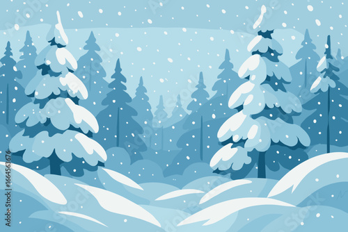 Snowy Winter Forest Landscape with Large Snowdrifts, Pine Trees Covered in Snow, Falling Snowflakes, Peaceful Wilderness Nature, Seasonal Christmas Scenery, Modern Flat Vector Illustration