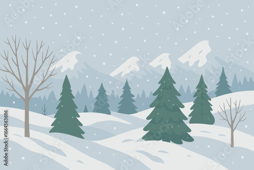 Winter snowy landscape with snowy mountains, bare trees, spruce pines, snowdrifts, falling snow, cold season, nature scenery, forest, wintertime, peaceful tranquil background illustration