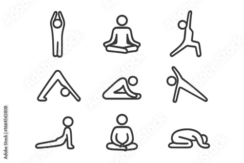 Yoga poses outline icon set for asana, exercise, meditation and fitness. Cartoon vector illustration collection of line yoga postures on transparent background. Health, relaxation and wellness concept