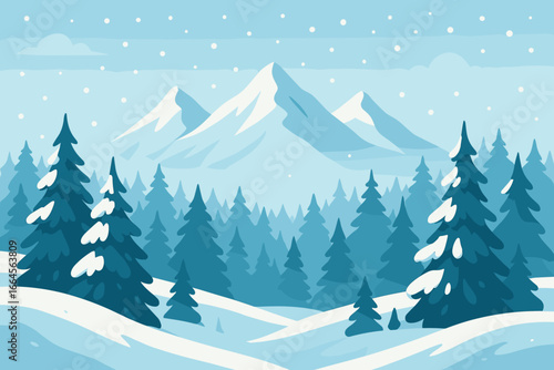 Winter landscape with snowy mountains and pine forest. Vector illustration for Christmas or holiday design. Modern flat cartoon style background. Nature scenery with snowfall.