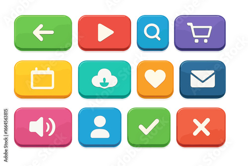 Vibrant colorful 3D web button icons set isolated on white background. Cartoon vector illustration, flat style UI kit. Download, play, heart, checkmark, profile, sound, email, calendar, shopping cart