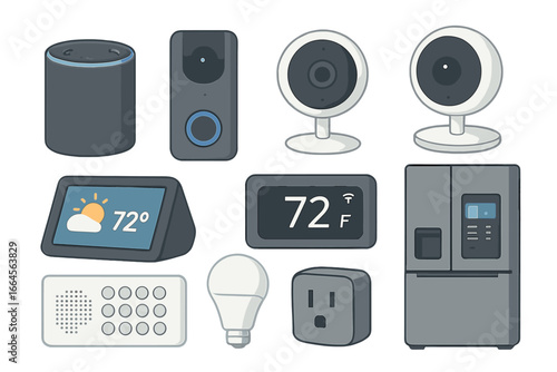 Smart Home Devices Vector Set. Modern Speakers, Security Cameras, WiFi Doorbell, Touchscreen Thermostat, Connected Refrigerator, Plug, Bulb, Control Panel. IoT Home Automation. Transparent Background.