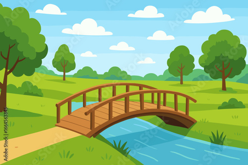 Summer park landscape with a wooden footbridge over the river. Green meadows, trees, and a path under a blue sky with clouds. Cartoon vector illustration of idyllic scenery.