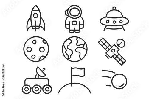 Space exploration outline icon set, cosmic adventures essentials, astronaut, rocket, UFO, planets, rover, satellite, Earth, flag, meteor, vector cartoon illustration, transparent background