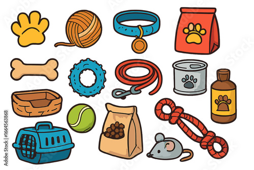 Cartoon Pet Care Supplies Set. Vector Collection of Hand Drawn Pet Toys, Food, Collars, Leashes, Bowls, Treats, Carrier, Shampoo, and Accessories. Cat and Dog Essentials for Animal Lovers