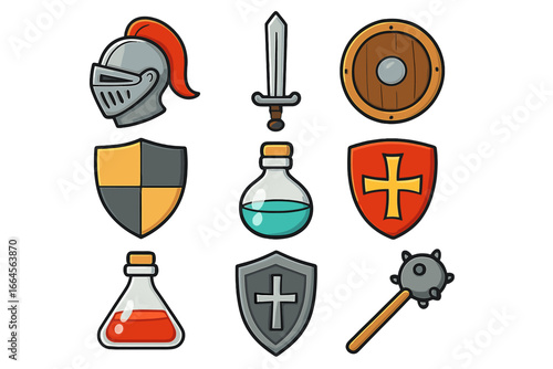 Medieval weapons and armor icons set. Knight helmet, sword, shield, mace, wooden round shield, crusader cross symbol. Alchemy potion flasks. Cartoon vector illustration, historical fantasy RPG assets