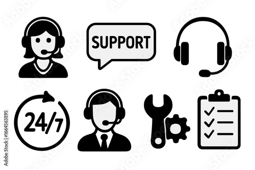 Customer Support Service Call Center Icons Set. 24/7 Hotline Help Desk Assistance Tools. Client Service Equipment, Communication Symbols, Checklist, Technical Support, Vector Illustration