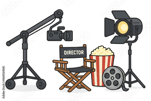 Film production equipment vector set with camera crane, director chair, studio spotlight, film reel, popcorn. Movie making industry, cinema, and entertainment concept illustration.