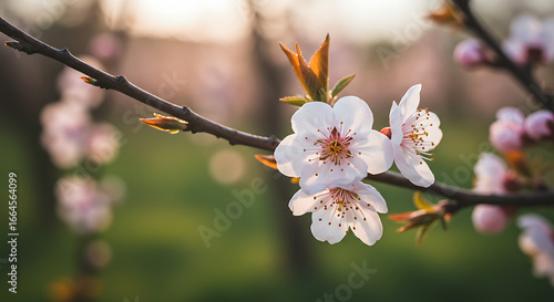 Close-up of Delicate White Blossoms on Branch at Sunset