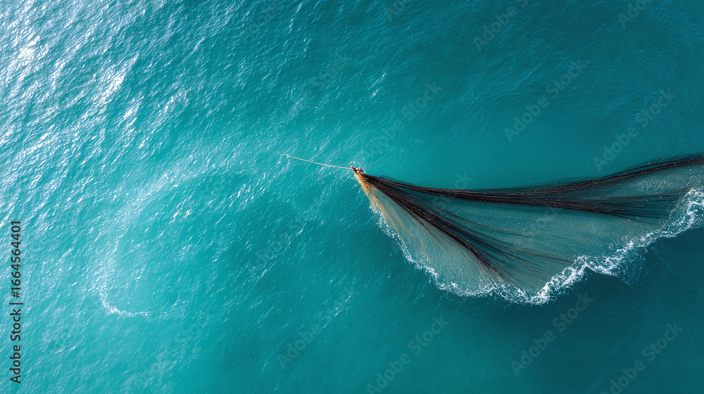 Obraz premium Aerial view captures the graceful motion of a fishing net being dragged through the turquoise ocean. Represents industry, nature, or environmental impact.