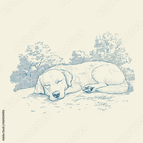 Sleeping puppy surrounded by plants