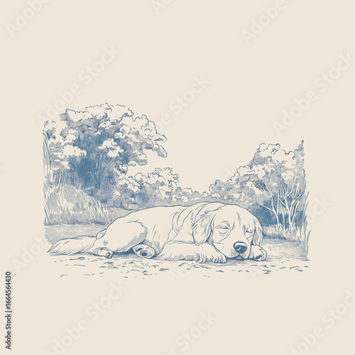 Sleeping puppy surrounded by plants