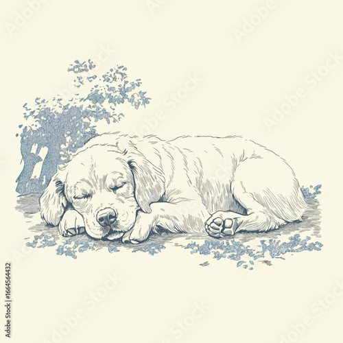 Sleeping puppy surrounded by plants