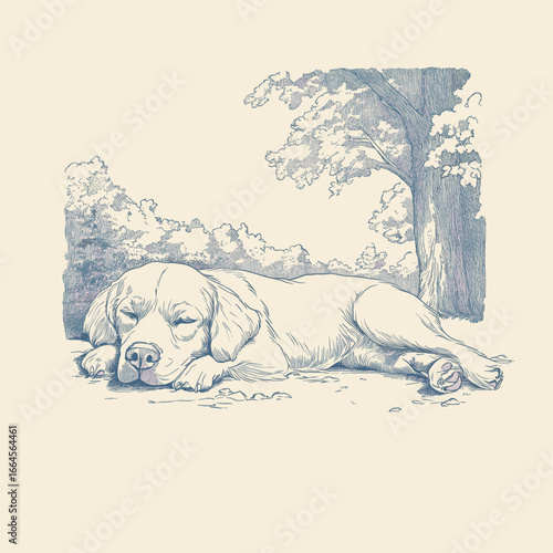 Sleeping puppy surrounded by plants