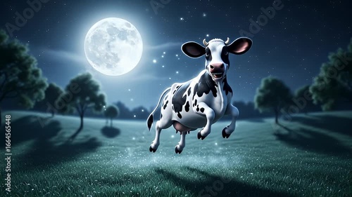 A happy and magical cartoon cow jumping with joy in a field under a bright full moon at night.