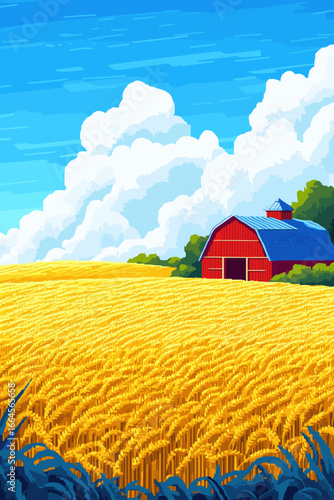 Sunny Farm Landscape with Barn and Cows